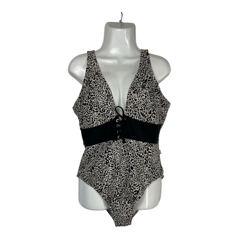 Bebe Leopard Swimsuit XL Black Belted Lace Up Plunging One Piece Bathing Suit